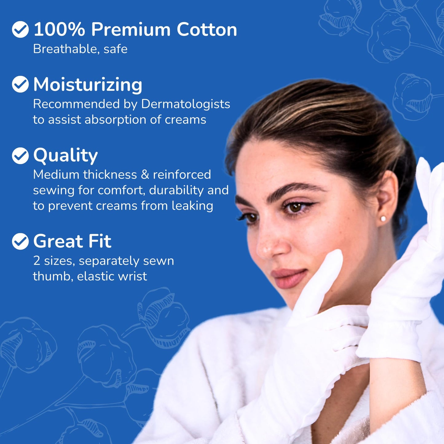 Dermrelief Cotton Gloves - for Beauty, Dry Hands, Eczema, Dermatitis and Psoriasis (7 Pairs) with Free Gifts (Professional Nail Buffer & Washing Bag) (Medium)