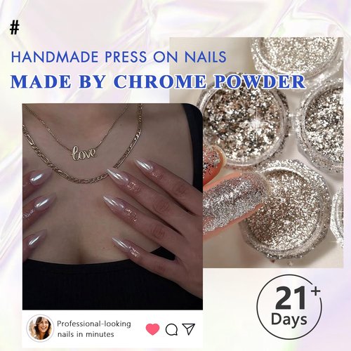 Brown Press On Nails Almond - KQueenest Chrome Press On Nails Medium, Sparkle Gel Fake Nails Press on with Mirror Effect, Glitter Glue on Nails Medium, Reusable Stick On Nails for Women Fall Winter