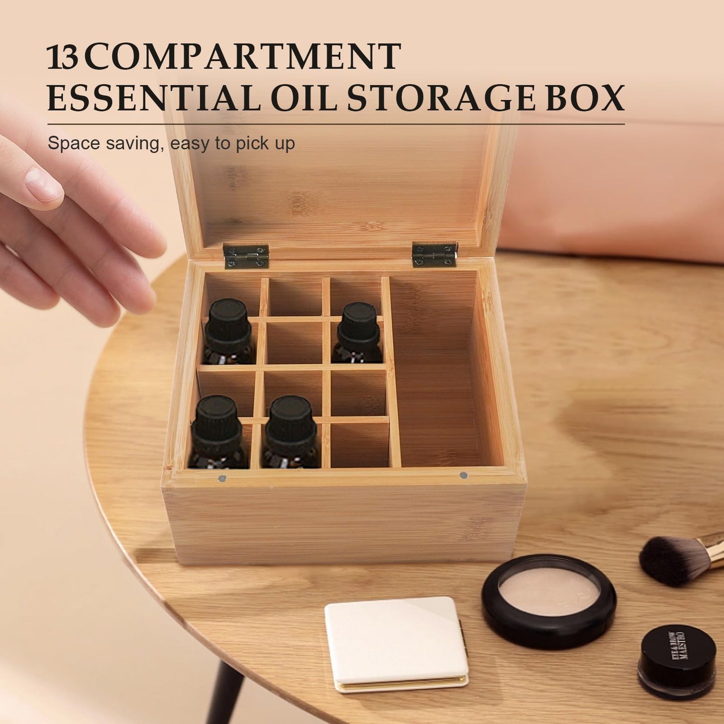 Pure Vie Wooden Essential Oil Storage Box Travel Organizer Case with Bottle Cap Label - Aromatherapy Nail Polish Fragrance Container, Holds 13 Bottle for 5-30ml - Keep Scented Oil Safe & Space Saver