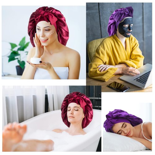 Arqumi Pack of 2 Satin Sleeping Bonnet, Large Satin Sleep Bonnet with Long Strap, Adjustable Sleep Cap Hair Bonnet for Women & Men, Purple+Red