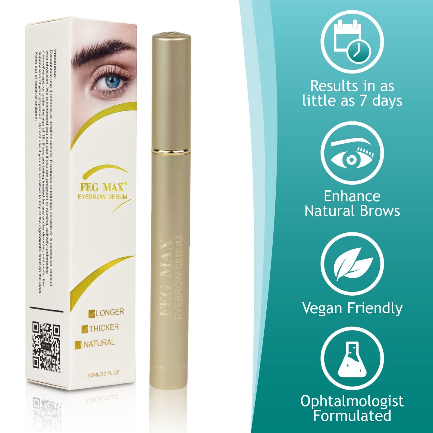 FEG Max Eyebrow Enhancer Growth Treatment Serum | Eyebrow Enhancing Serum to Help Lengthen and Thicken Eyebrows | Non-irritating Brow Serum | 6ml