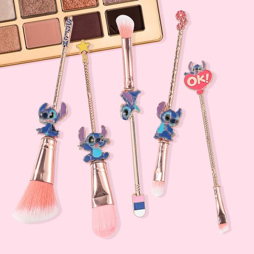 5Pcs Stich Theme Cosmetic Brushes Set, Stich Makeup Brushes Set, Stich Stuff for Young Girl Women- 5pcs Pink