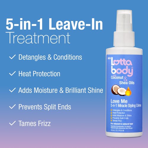 Lottabody Love Me 5-n-1 Leave-In Treatment with Coconut & Shea Oils, Lightweight, All-In-One, Leave-In Spray for Detangling Heat Protection Moisture Shine & Frizz Control, 5 oz