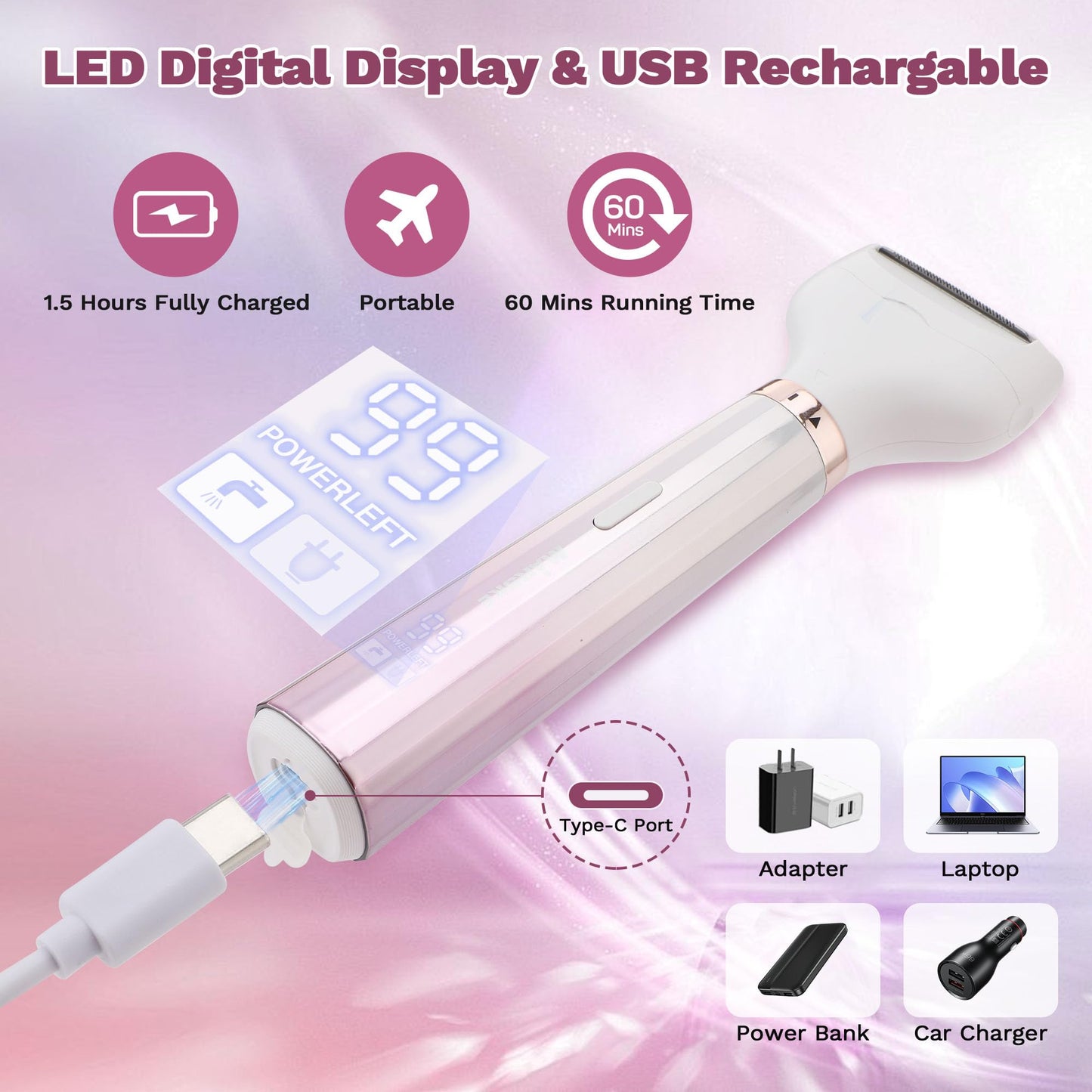 Electric Razors Shavers for Women, Bikini Trimmer 5 in 1 Electric Shaver Razor for Women Wet/Dry Face Razors for Face Nose Eyebrow Arms Armpit Legs Pubic Area Painless Facial Hair Removal for Women