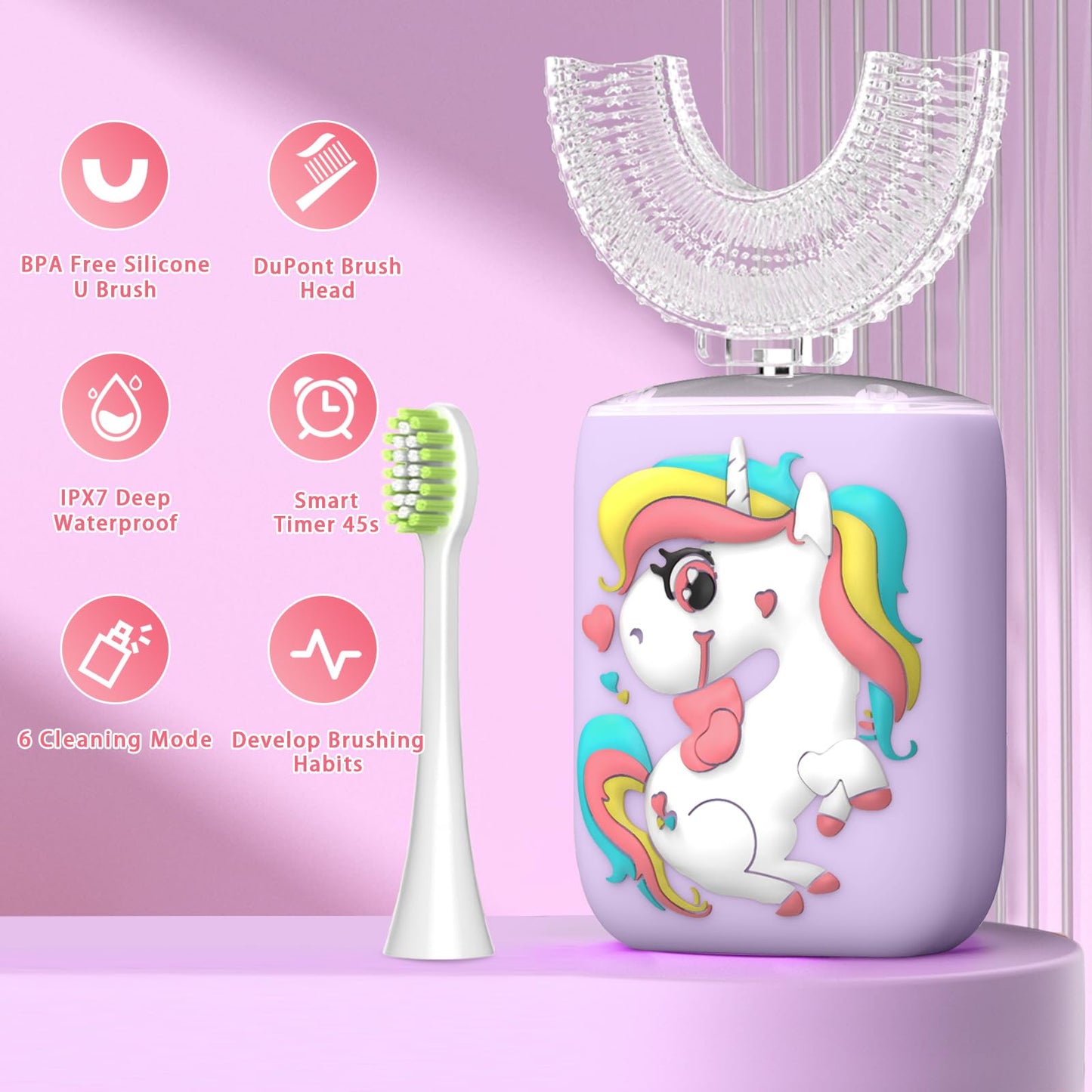 JEDURE Kids Electric Toothbrush U Shaped Toddler Auto Sonic Toothbrushes with 4 Brush Head,Cartoon Unicorn Ultrasonic Toothbrushes for Children 2-12 Years, Full Mouth Cleaning