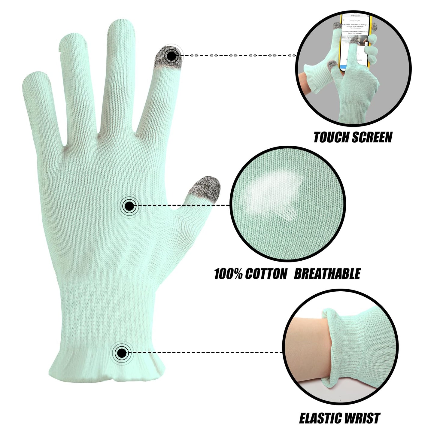 Donfri 2 Pairs Cotton Gloves for Dry Hands, Sleeping Moisturizing Gloves Overnight, Eczema Gloves for Women with Touchscreen Fingers, Lotion Hand Spa Treatment(Medium-Green)