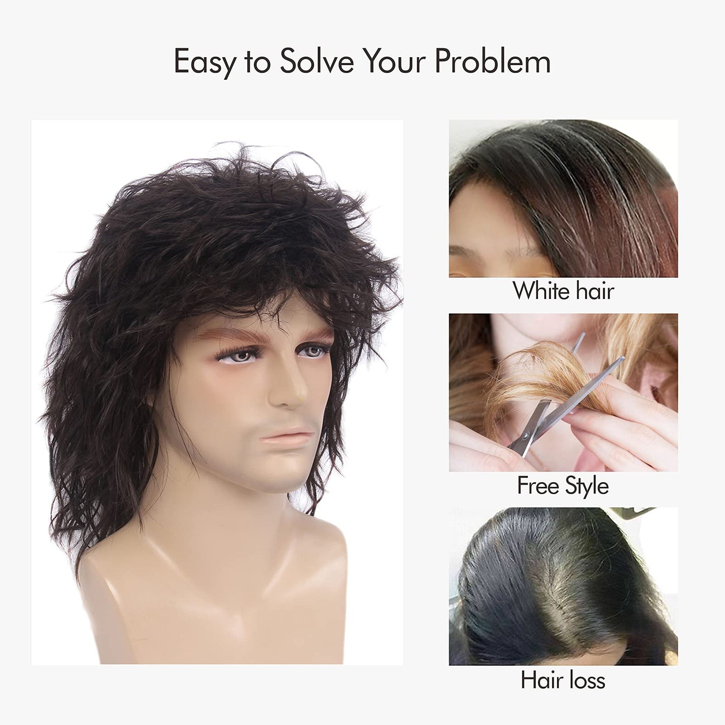 MEDISIFA Mullet 70s 80s Wig with Bangs Dark Brown Long Disco Hair Curly Men Wigs for Mens Man Male Hippie Rocking 80s Them Party Cosplay Costume Anime Heat Resistant Synthetic Hair Wig 70's Wig