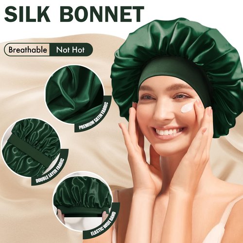Doitory Satin Silk Bonnet for Sleeping, Double Layer Silk Sleep Cap for Men & Women, Soft Satin Lined Bonnet for Natural & Curly Hair(Dark Green)