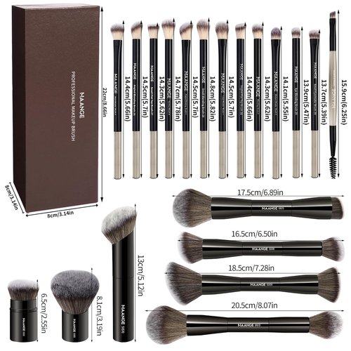 MAANGE 20 Pcs Makeup Brushes Set - Double-End Multi-Functional Blending Tools in Gift Box | Black