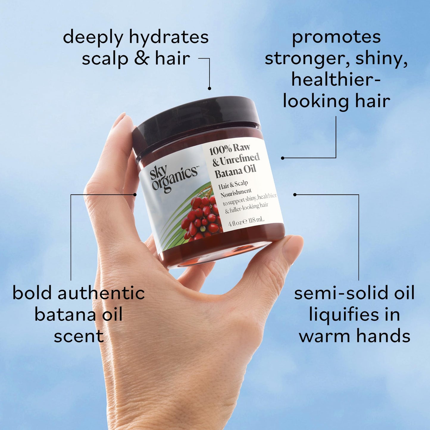 Sky Organics RAW & UNREFINED BATANA OIL, 100% Pure, from Honduras, to Support Scalp & Stronger Fuller-Looking Hair, Intensive Hair Conditioning & Hair Repair Mask, 4 fl oz