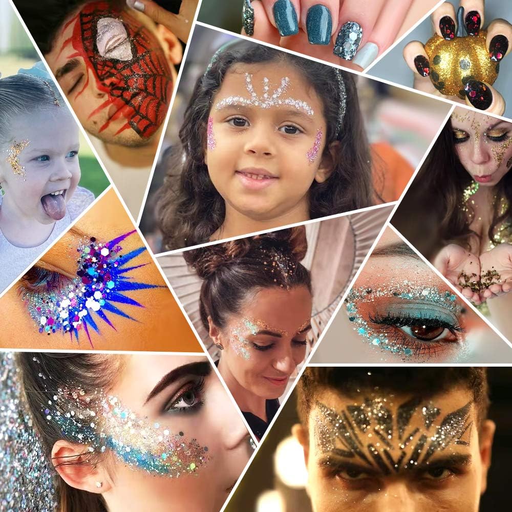 Holographic Chunky Glitter Sequins, 12 Colors Mixed Cosmetic Glitter for Face Body Eye Hair Nail Art Lip Gloss Makeup, Festival Glitter with Different Hexagons Size and Stars (Laser Mix)