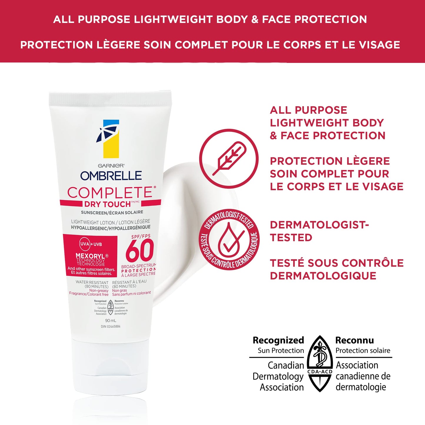 Garnier Ombrelle Complete Dry Touch Sunscreen Lotion, SPF 60, For Face & Body, For Sensitive Skin, Water-Resistant, Non-Sticky, Hypoallergenic, Very High Broad Spectrum UVA/UVB Protection, 90ml