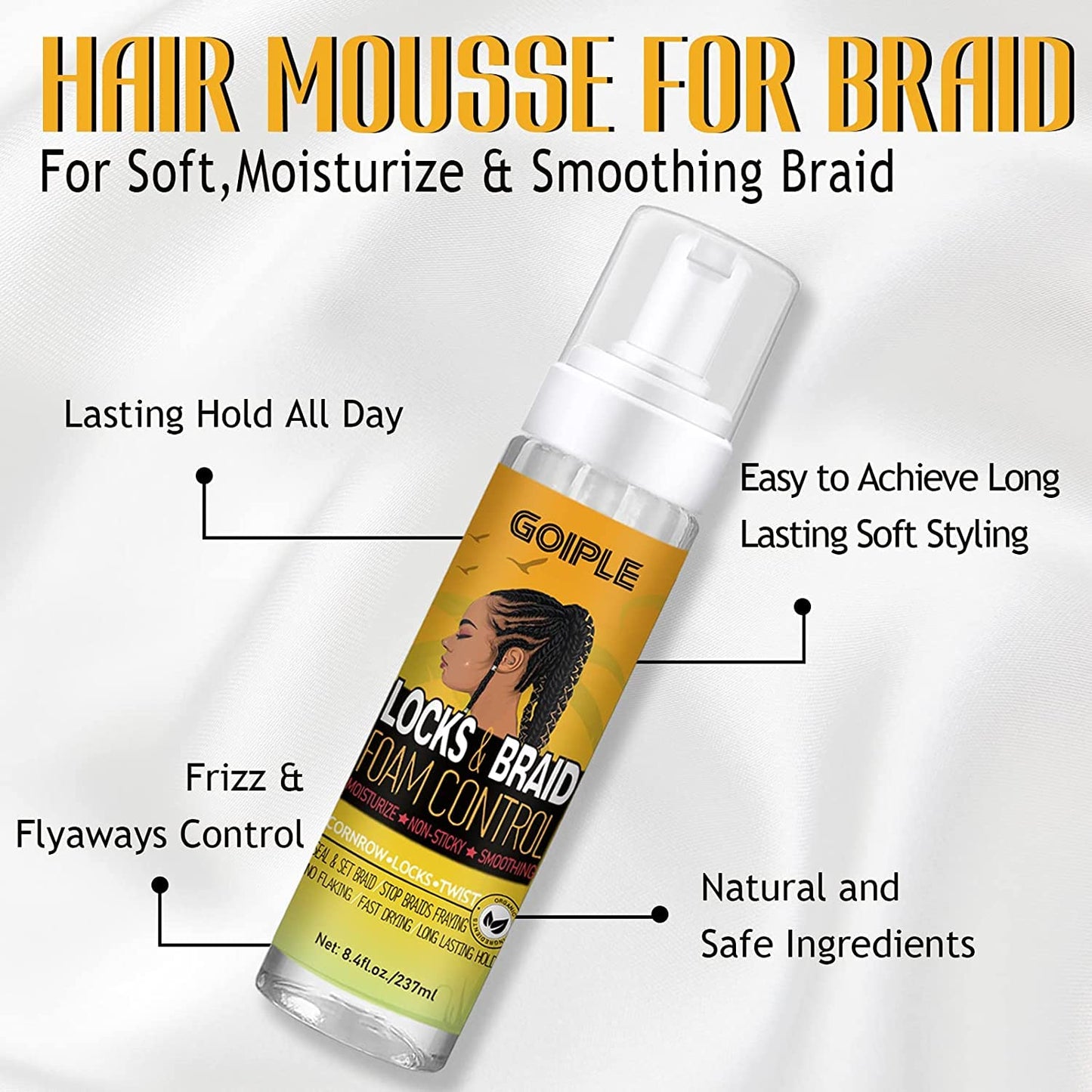Braid Foam for Braids, Twists, Locs - No Flake Extra Hold & High Shine - Lightweight Mousse Moisturizes & Styles Hair - 8fl oz