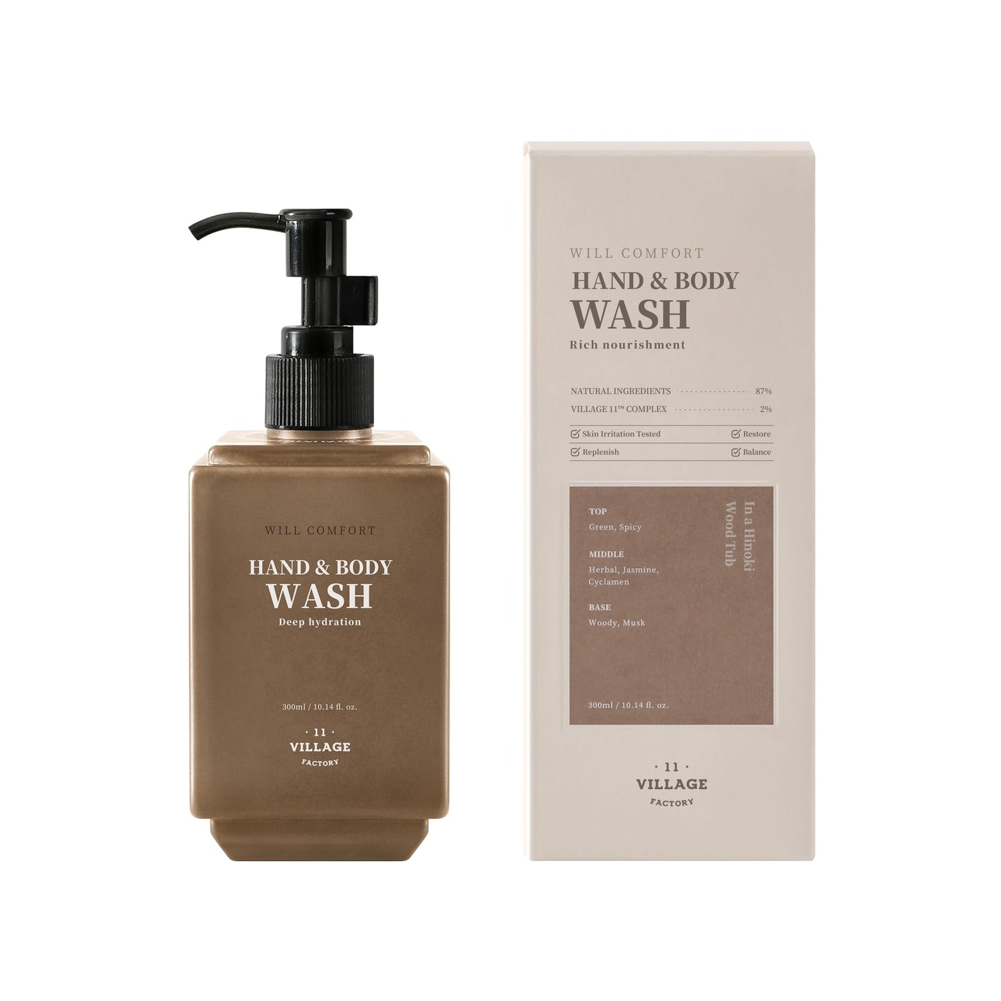 VILLAGE11FACTORY Will Comfort Hand and Body Wash (300ml/10.14 fl.oz.) Korean Body Cleanser Aromatherapy Hinoki Essential Oil Nourishing Shea Butter and Jojoba Oil