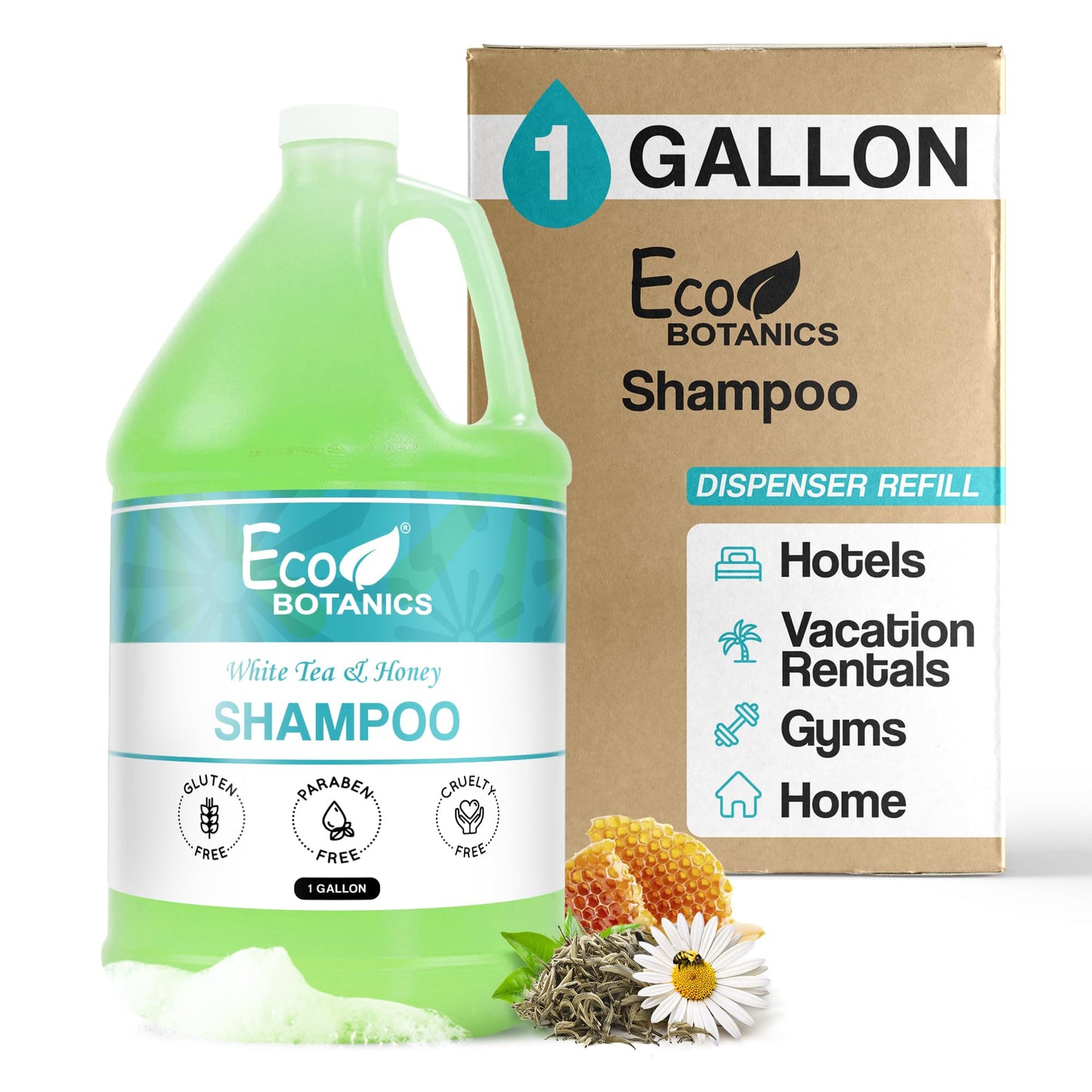 1-Shoppe Terra Pure Eco Botanics Natural Shampoo with Raw Honey & White Tea | Gallon Jug Bulk Toiletries for Airbnb, Vacation Rentals, and Home Bathroom | Refill for Soap Dispensers