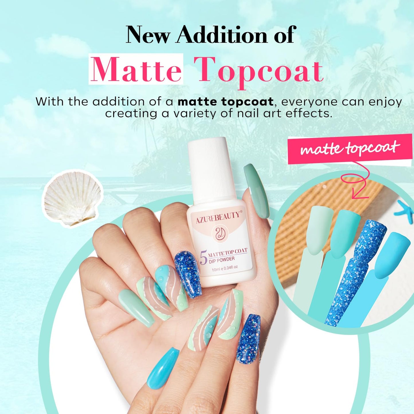 AZUREBEAUTY Dip Powder Nail Starter Kit with Matte Coat, 8 Hot Pink Glitter Neon Summer Color, Dipping Powder Liquid Set with Base/Top Coat/ Activator/10 Nail Sticks Salon at Home