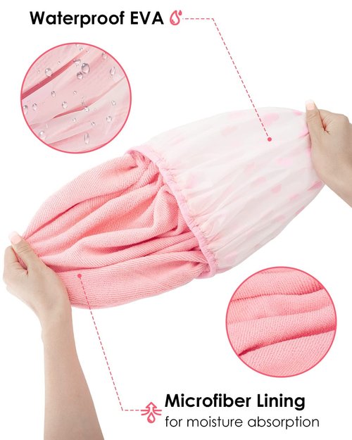 Auban Shower Cap - Reusable Double Layer Waterproof Terry Cloth Lined | Large Pink Bath Hair Cap