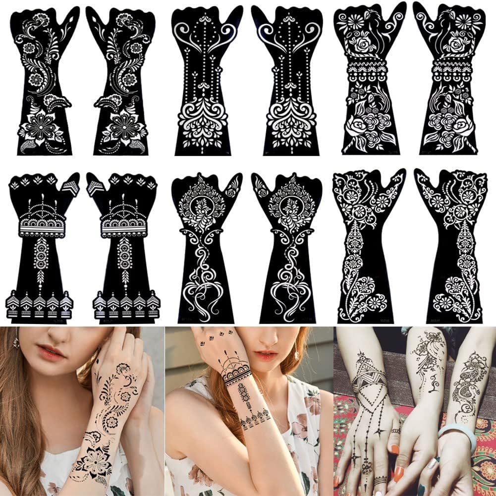 Xmasir 12 Large Sheets Henna Tattoo Stencil Kit for Hand Forearm Body Paint, Indian Arabian Temporary Tattoo Templates for Women Girls (S9)