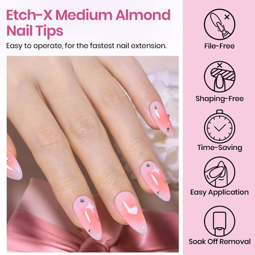 Beetles Medium Almond Nail Tips 576pcs 12 Sizes, Pre-Etched Soft Gel Nail Tips Half Matte Full Cover Press on False Nail Tips Clear Acrylic Nails Glue on Nails DIY Nail Extension Gift for Women