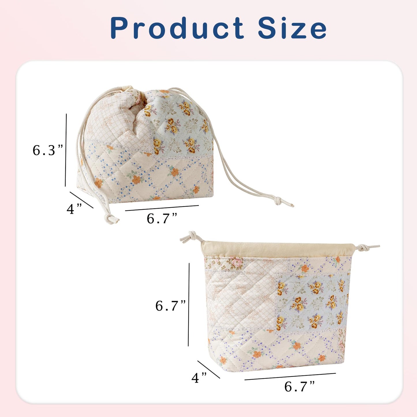 Cotton Quilted Drawstring Makeup Bag with Canvas Lining,Coquette Aesthetic Cute Travel Toiletry Bag,Drawstring Gift Bag for Women and Girls(08Pink Flower)