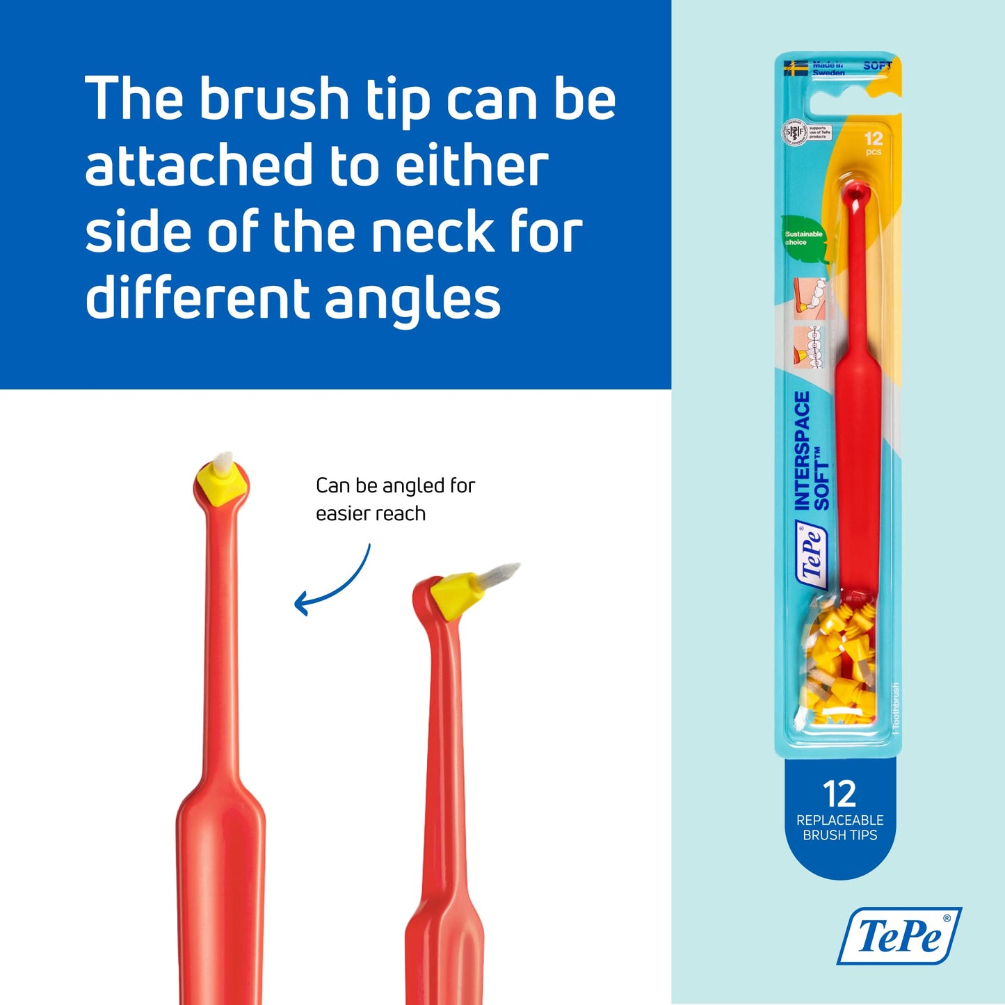 TEPE Interspace Angled Soft Toothbrush for Braces with Single-End Tuft and Removable Head, 12 Pack