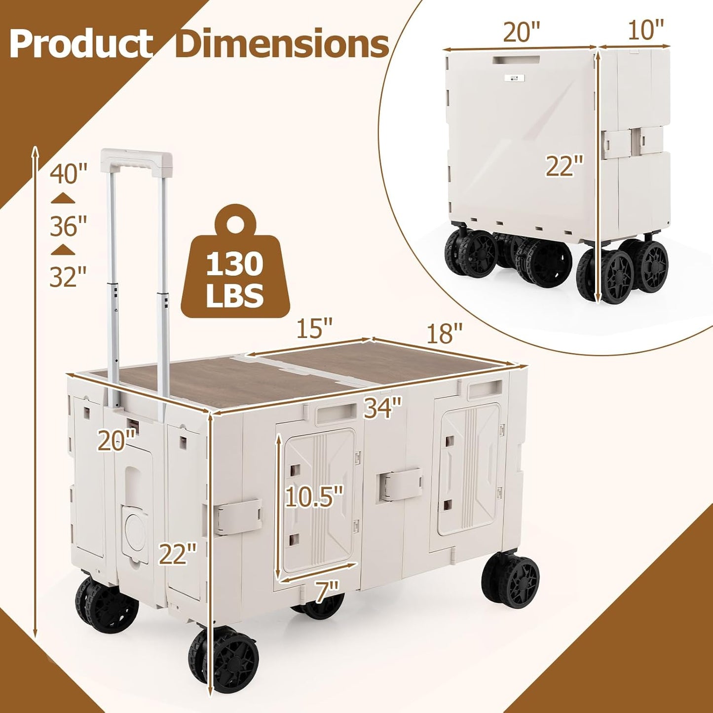 Goplus Large Foldable Utility Cart - 2-Tier Storage, 5 Rotating Wheels, Metal Handle | Portable Rolling Trolley for Shopping & Travel