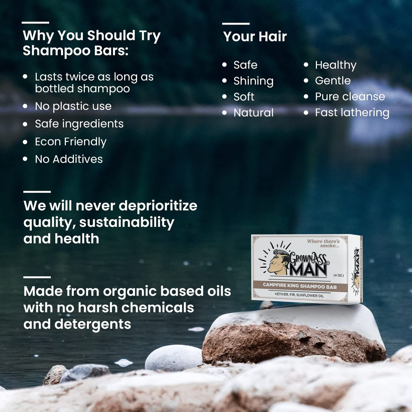 Grown Ass Man Co. Solid Shampoo Bar - Rich Lather 3-in-1 Hair, Beard & Body Wash | Eco-Friendly 4oz Campfire King