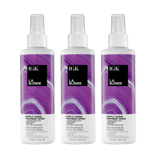 IGK L.A. Blonde Purple Toning Treatment Spray - 3 Pack Leave-In Violet Spray for Brass Neutralization, Hydration & Heat Protection up to 450°F - Vegan & Color-Safe