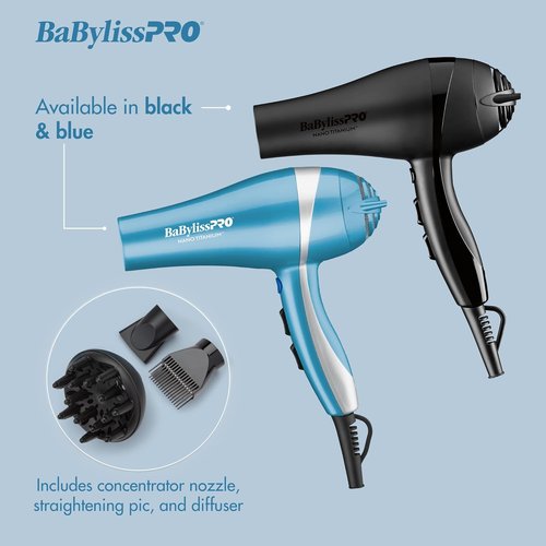 BaBylissPRO Nano Titanium Blow Dryer - 2000-Watt Ionic Styling Tool with Concentrator Nozzle