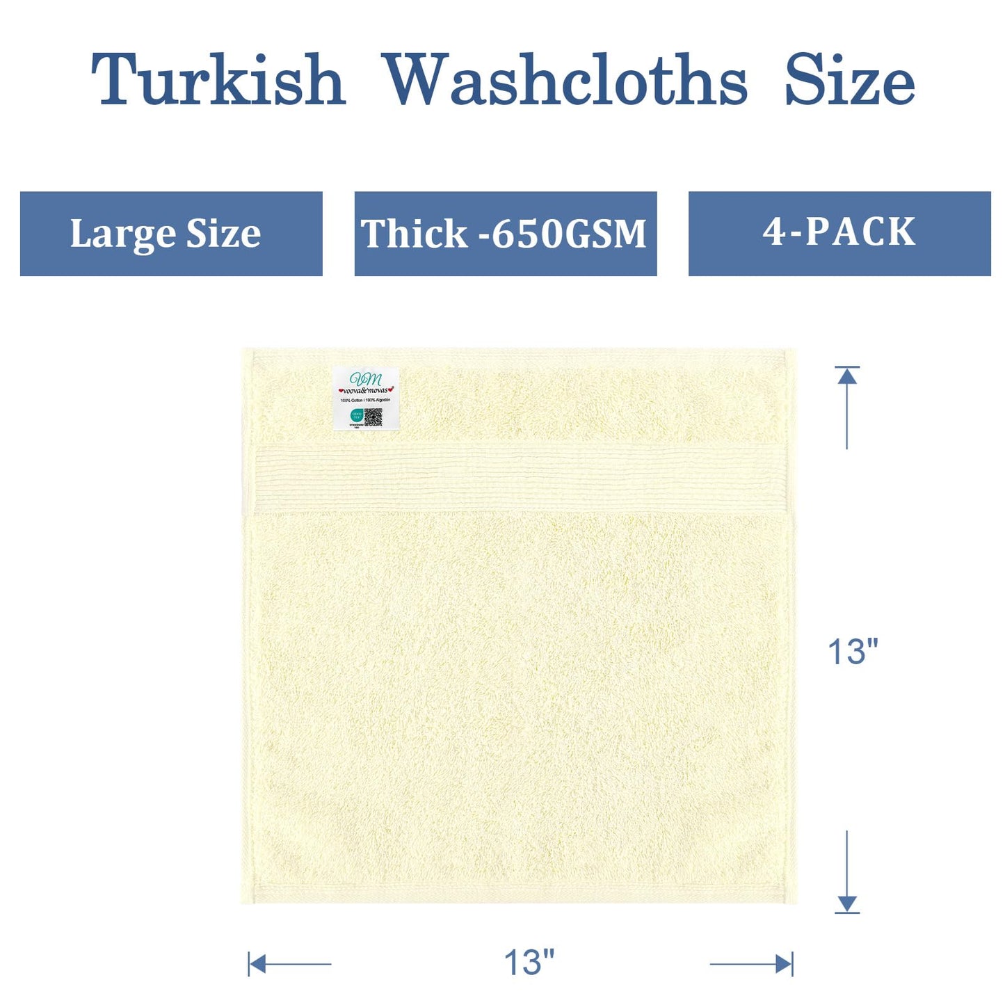 VOOVA & MOVAS Turkish Washcloths, Hotel Style Absorbent Face Towels 4PC (13" x 13" 650GSM) - 100% Cotton | Quick Dry | Soft, Cream