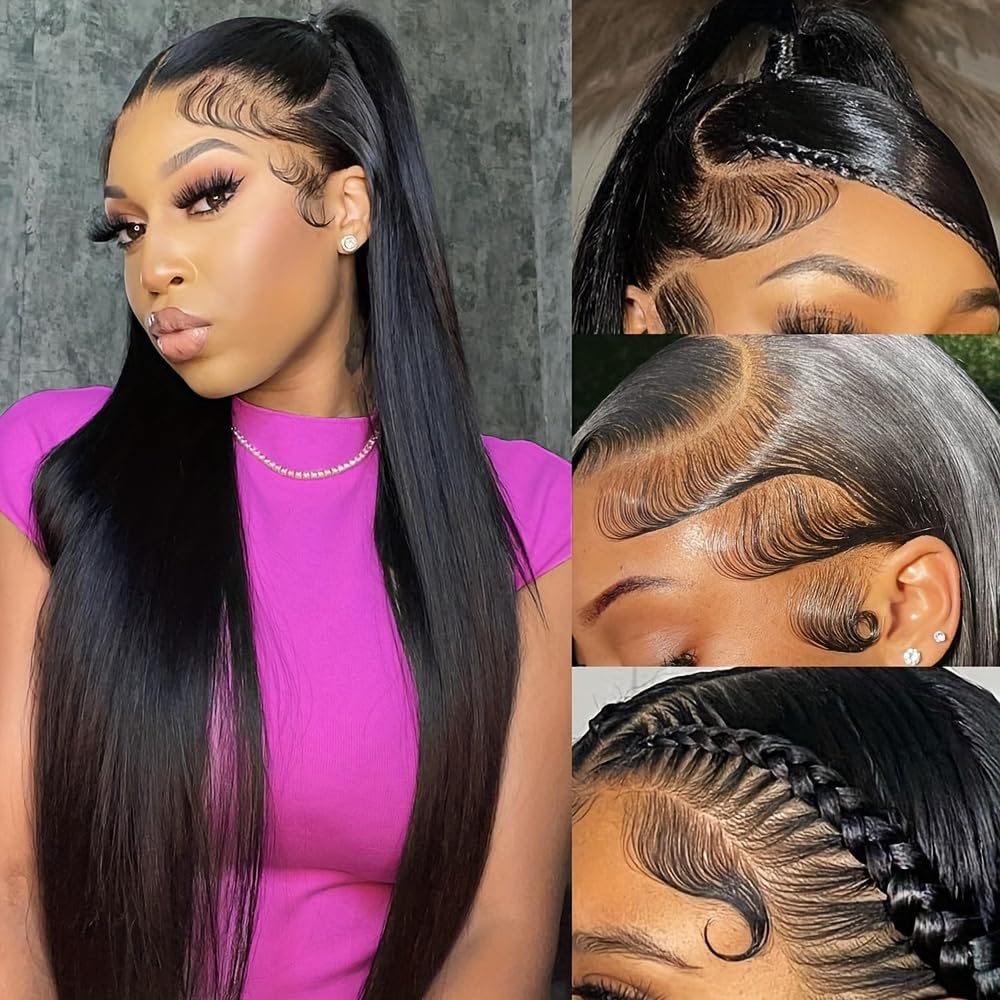 ANDRIA 13x4 HD Lace Front Wigs 32 Inches Straight Hair Glueless Lace Wigs Synthetic Long Silk Straight Natural Wig Heat Resistant Fiber Natural Black Hairs Wig With Baby Hair For Black Women