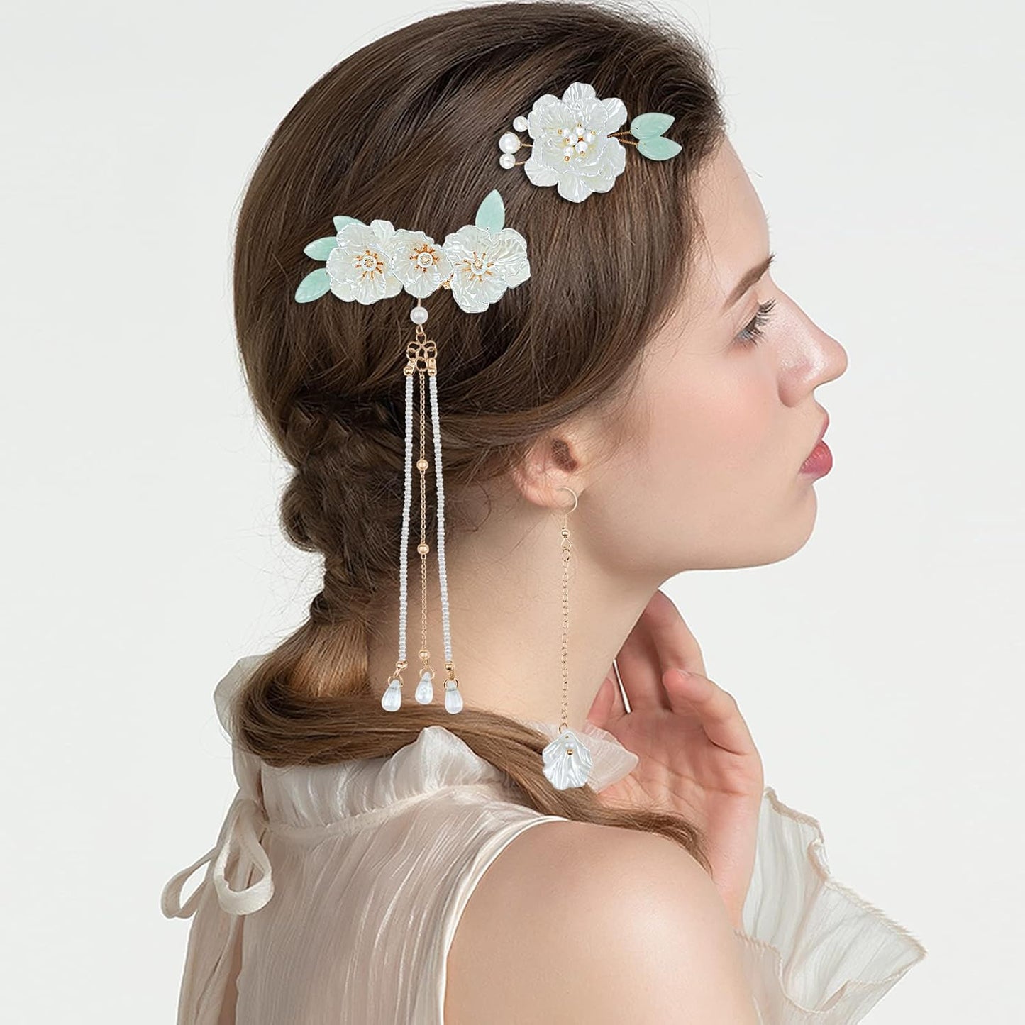 5 Pcs Flower Chinese Tassel Hair Stick Crystal Pearl Hanfu Hair Pins Classical Floral Bride Wedding Accessories for Women