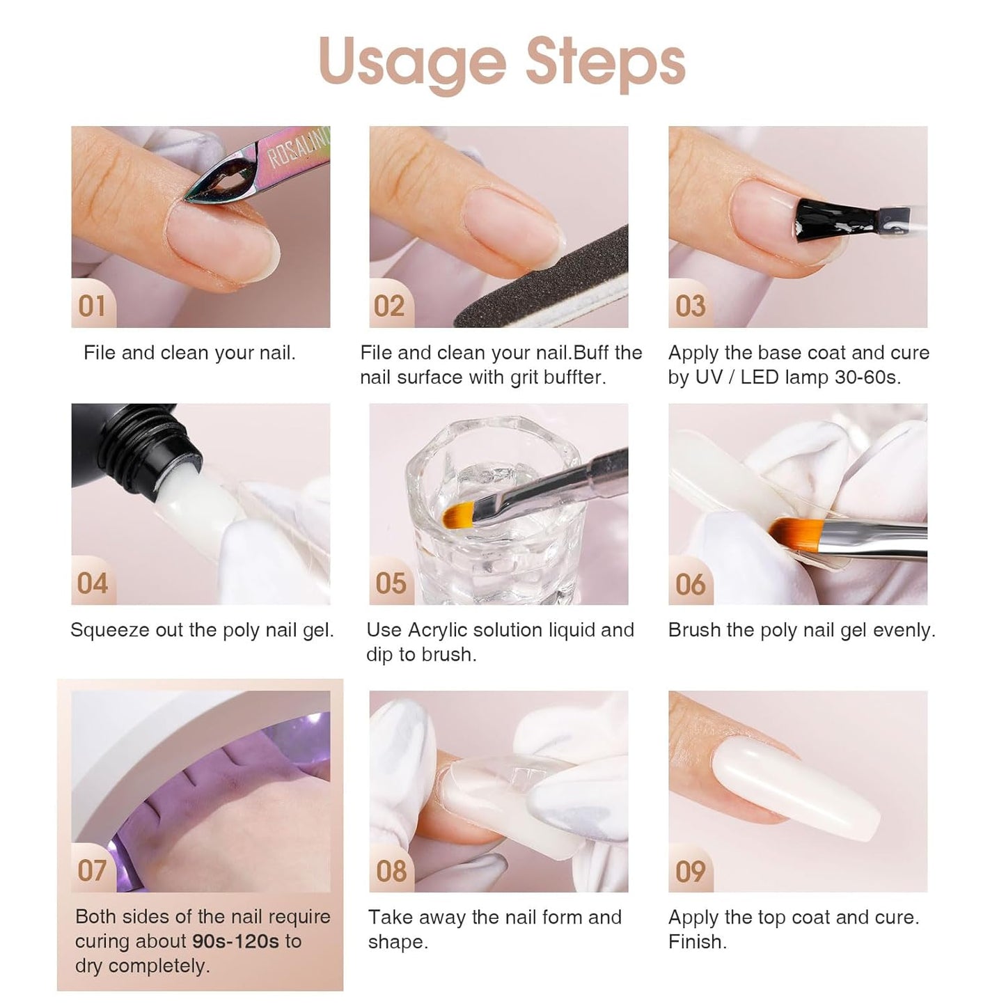 Nude Poly Extension Gel, ROSALIND 2.7 oz Light Nude Poly Nail Gel Builder for Nail Art Decoration, Thickening Extension Easy to DIY Use at Home Need UV Lamp