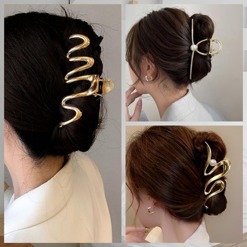 3 PCS Gold Metal Hair Claw Clips for Thick Long Hair, 4.3" Wave Cross Geometric Shape Non-slip Giant Crab Catch Barrettes Hairgrip, Trendy Elegant Women's Hair Accessories Headwear Gift