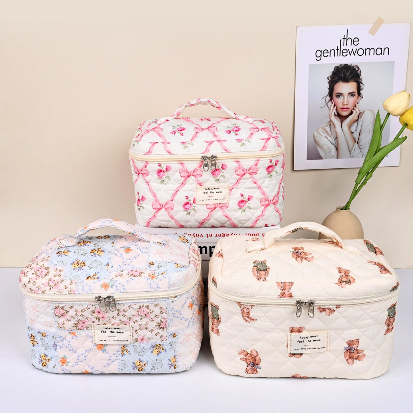 SXS LACONIC Large Makeup Bag,Quilted Makeup Bag Set,Cotton Coquette Aesthetic Floral Makeup Pouch for Women, Travel Cute Soften Cosmetics Bag Organizers for Girls