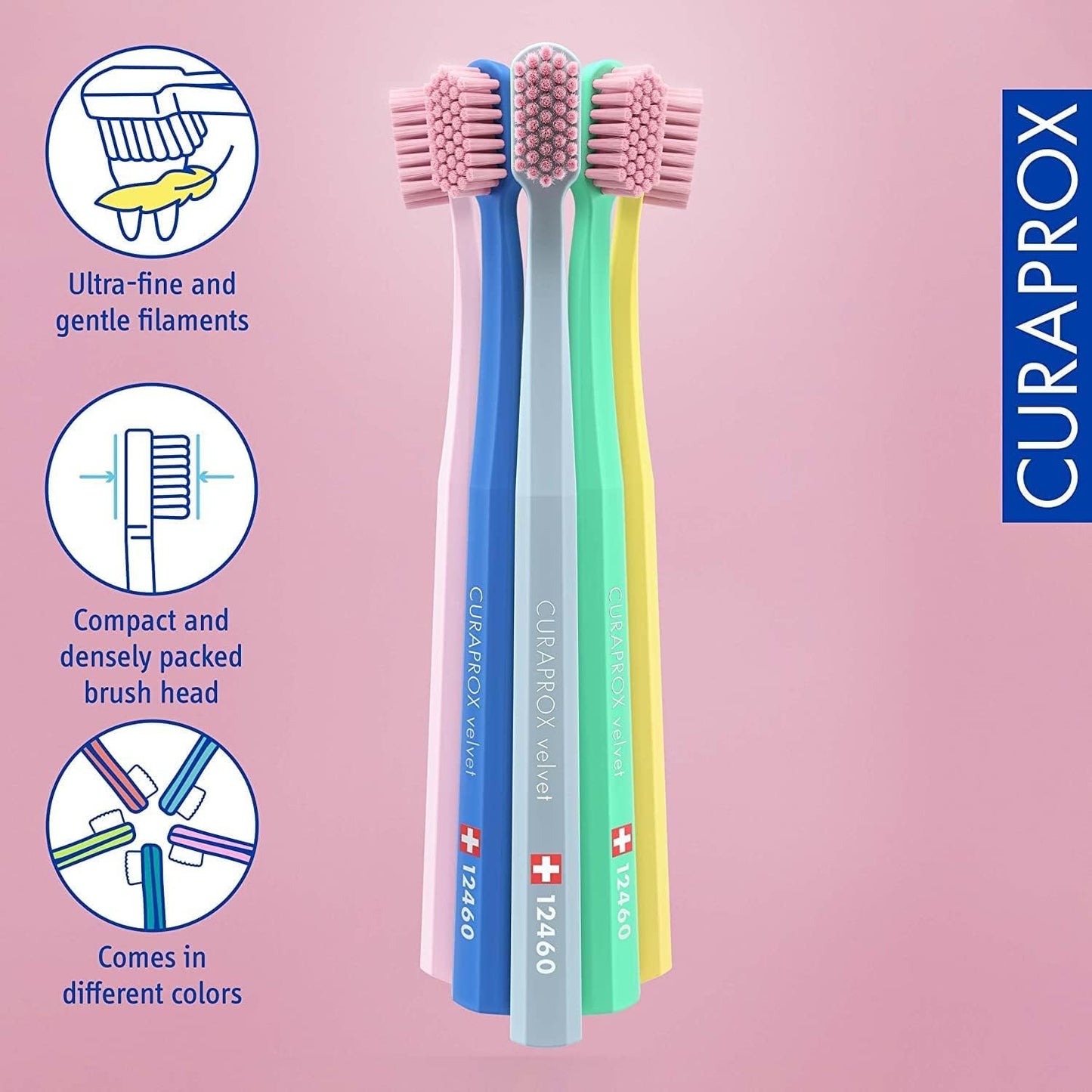 Curaprox CS12460 Velvet Ultra Soft Swiss Toothbrushes - 3-Pack - Random Color - Best Toothbrush with Soft Bristles for Adult Men and Women with Sensitive Teeth and Gums