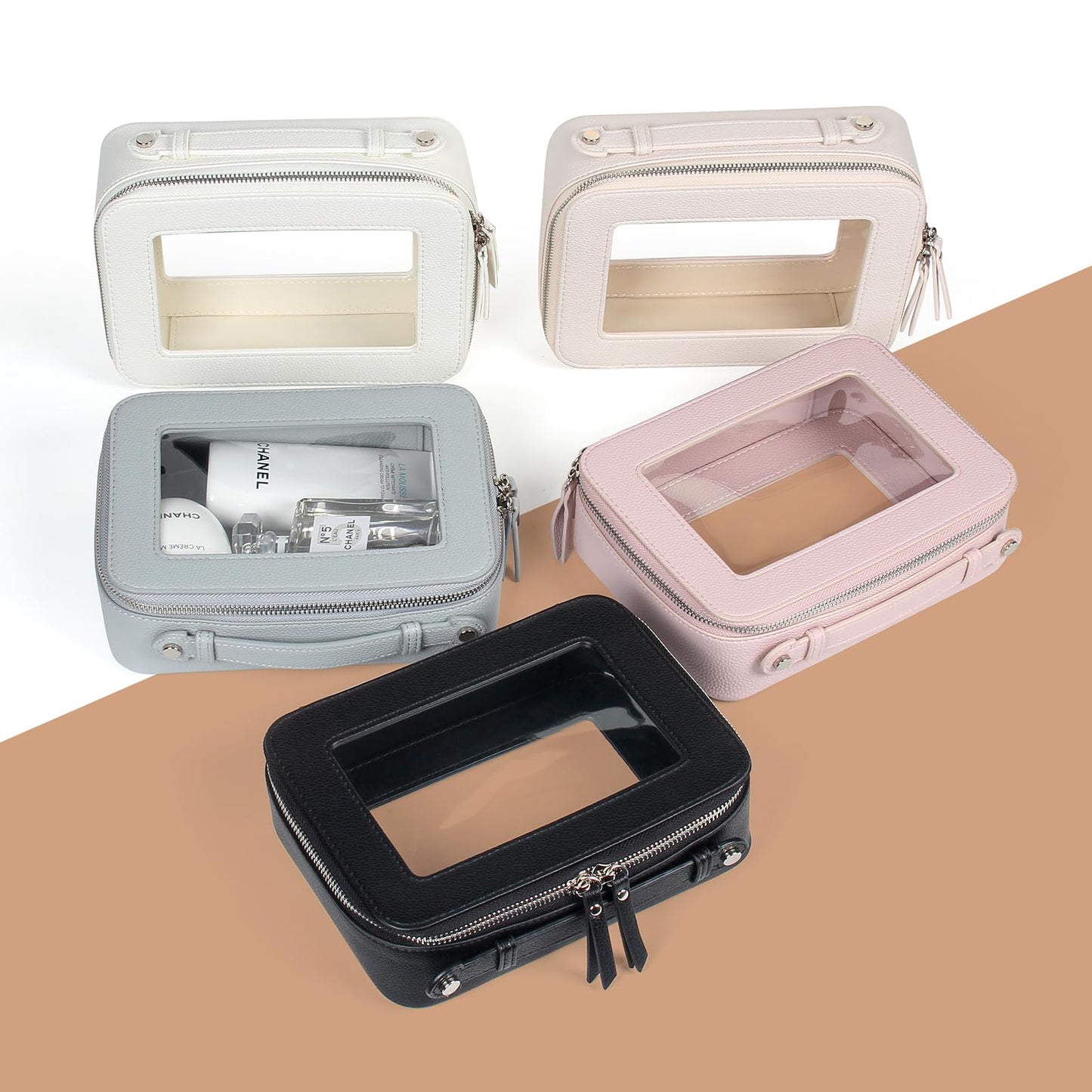 EcoVision Clear Makeup Bag, Travel Cosmetic Accessory Bag, Toiletry Organizer Bags for Women, Portable Waterproof Zipper Cosmetic Bag with Transparent Window, Beige