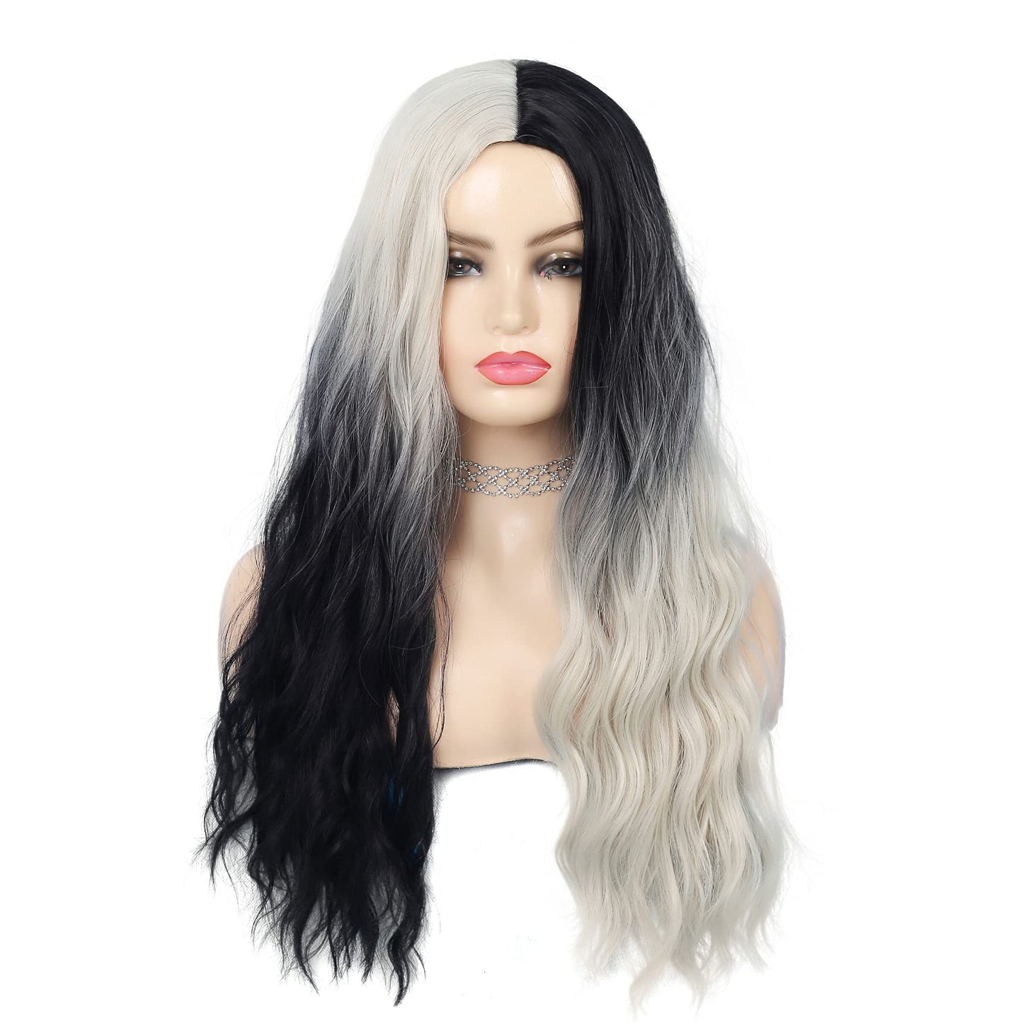 Swiking Black and White Curly Wigs for Women Long Wave Ombre Synthetic Hair Natural Soft Wigs for Party Cosplay Halloween (Half White Half Black)