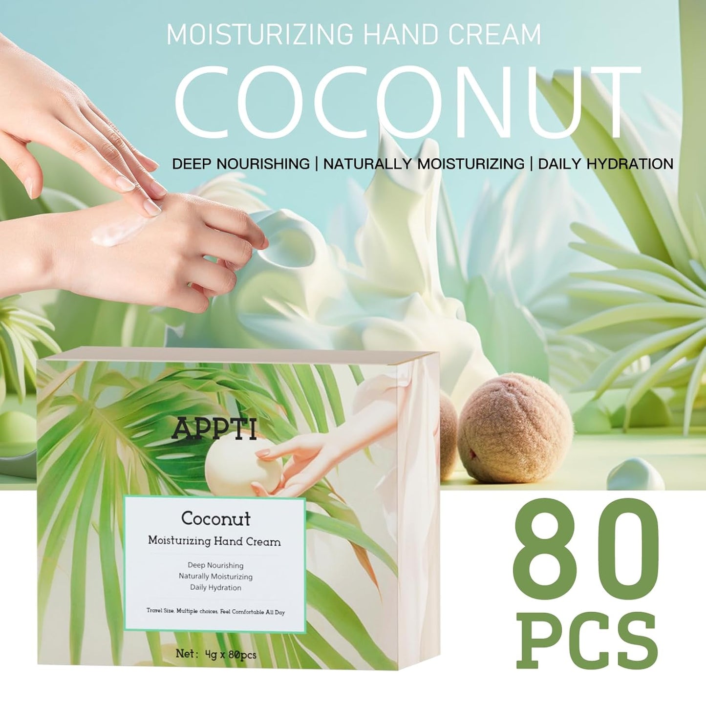 Skiennix Moisturizing Hand Cream - Hydrating Lotion for Dry Hands | Deep Nourishing Coconut, 80 Pack