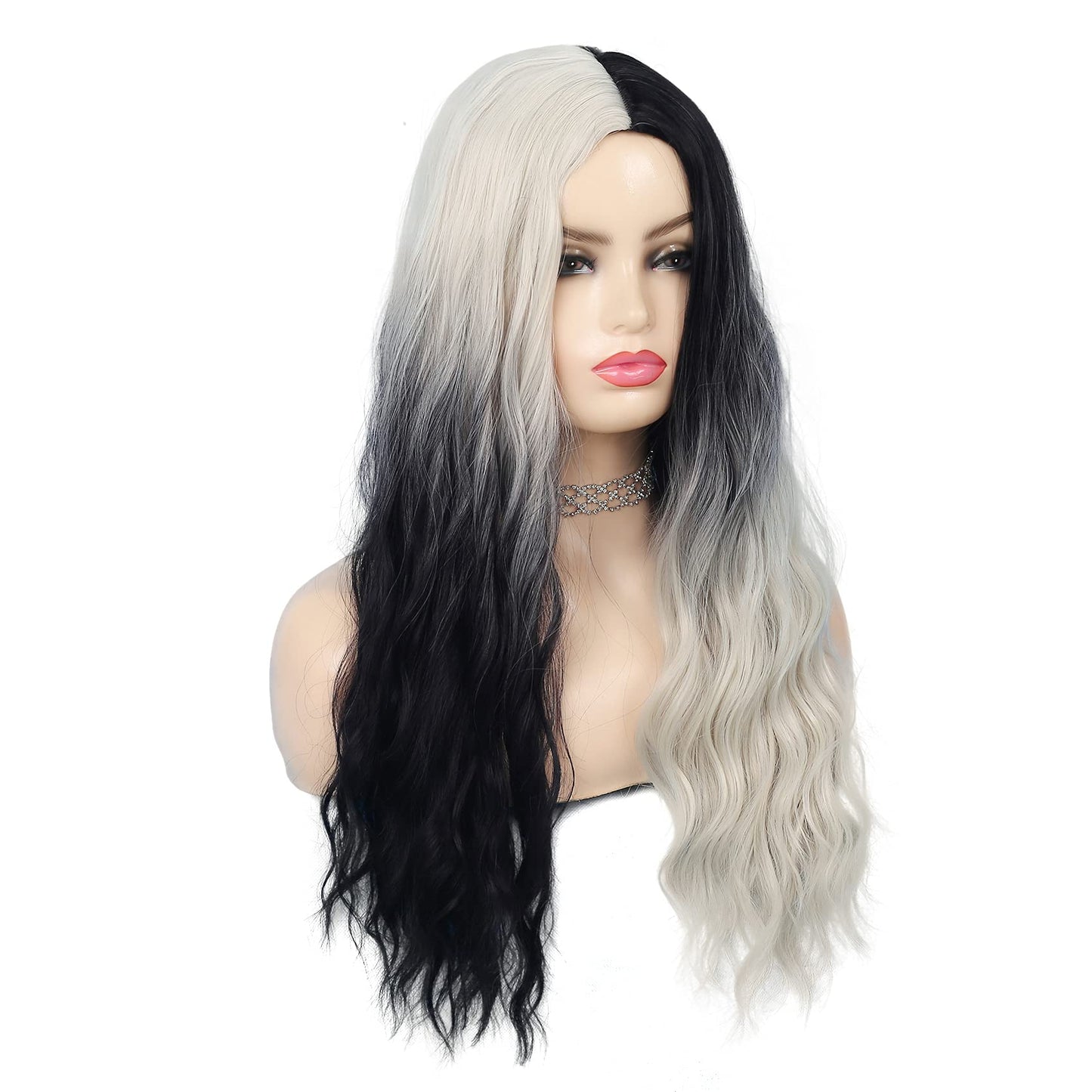 Swiking Black and White Curly Wigs for Women Long Wave Ombre Synthetic Hair Natural Soft Wigs for Party Cosplay Halloween (Half White Half Black)