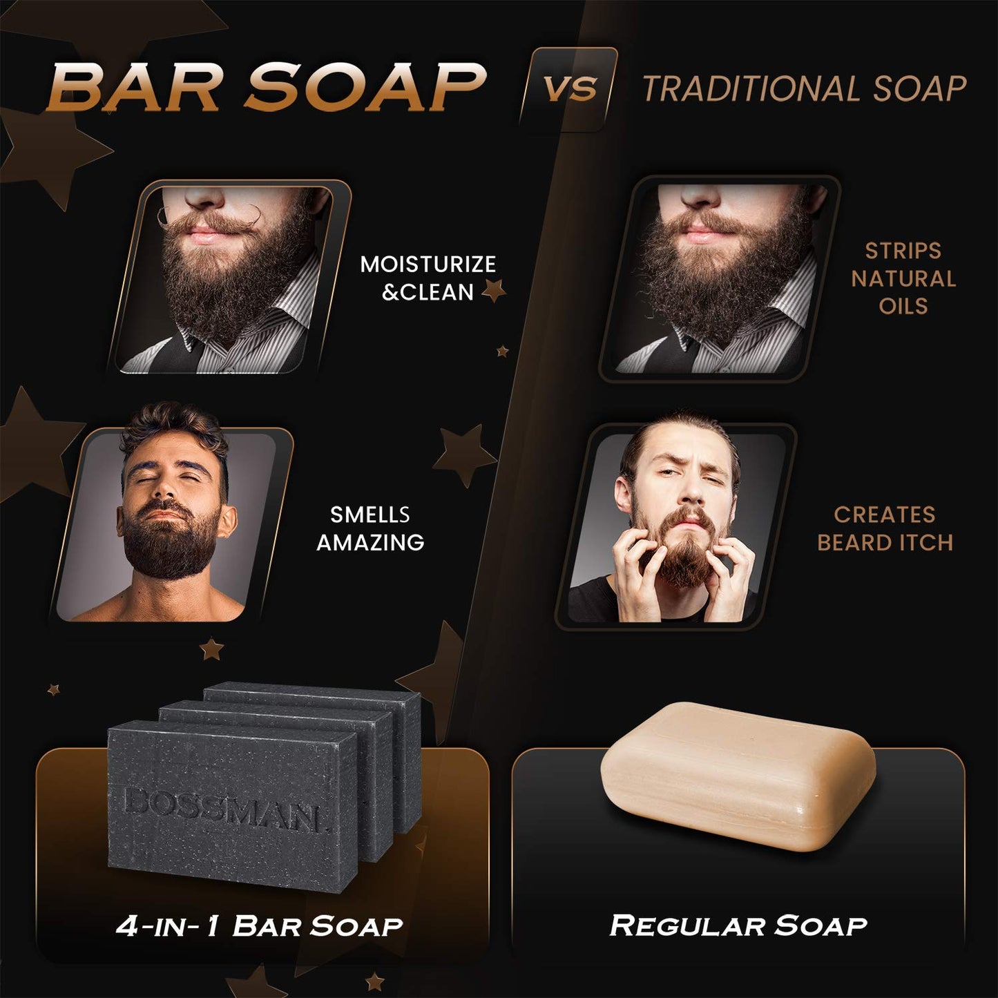 Bossman 3 Pack Mens Bar Soap 4-in-1 All Natural Organic Beard Wash, Shampoo, Body Wash, Shaving and Bath Soap - Essential Beard Care (4oz), Scent- Eucalyptus and Tea Tree