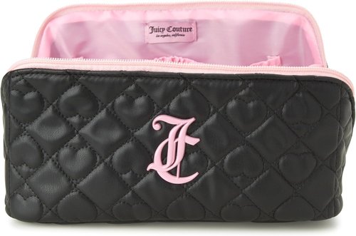 Juicy Couture Black Makeup Bag - Quilted Faux Leather Cosmetics Organizer for Travel Essentials