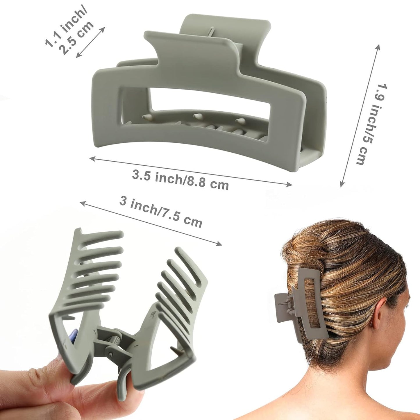 6 Pack Square Claw for Women Girls, 3.5" Medium Non-slip Rectangular Matte Clips Strong Hold Jumbo Hair Styling Accessories, Cool