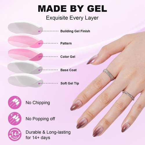 Fall Press On Nails Short - S.T. Friends Ombre Nails Press Ons Almond, Reusable Nail Tips in 16 Sizes - 32 Soft Gel Fake Nails Kit,Glittering Chocolate