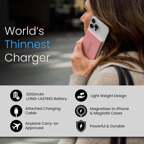 Clutch Pro Portable Charger - World's Thinnest 5000mAh USB-C Power Bank - Magnetic Cable - Pink