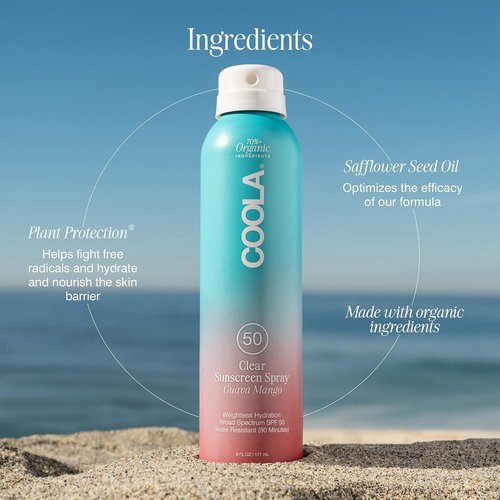 COOLA Organic Sunscreen SPF 50 - Vegan Sunblock Spray for Daily Protection | Guava Mango Scent