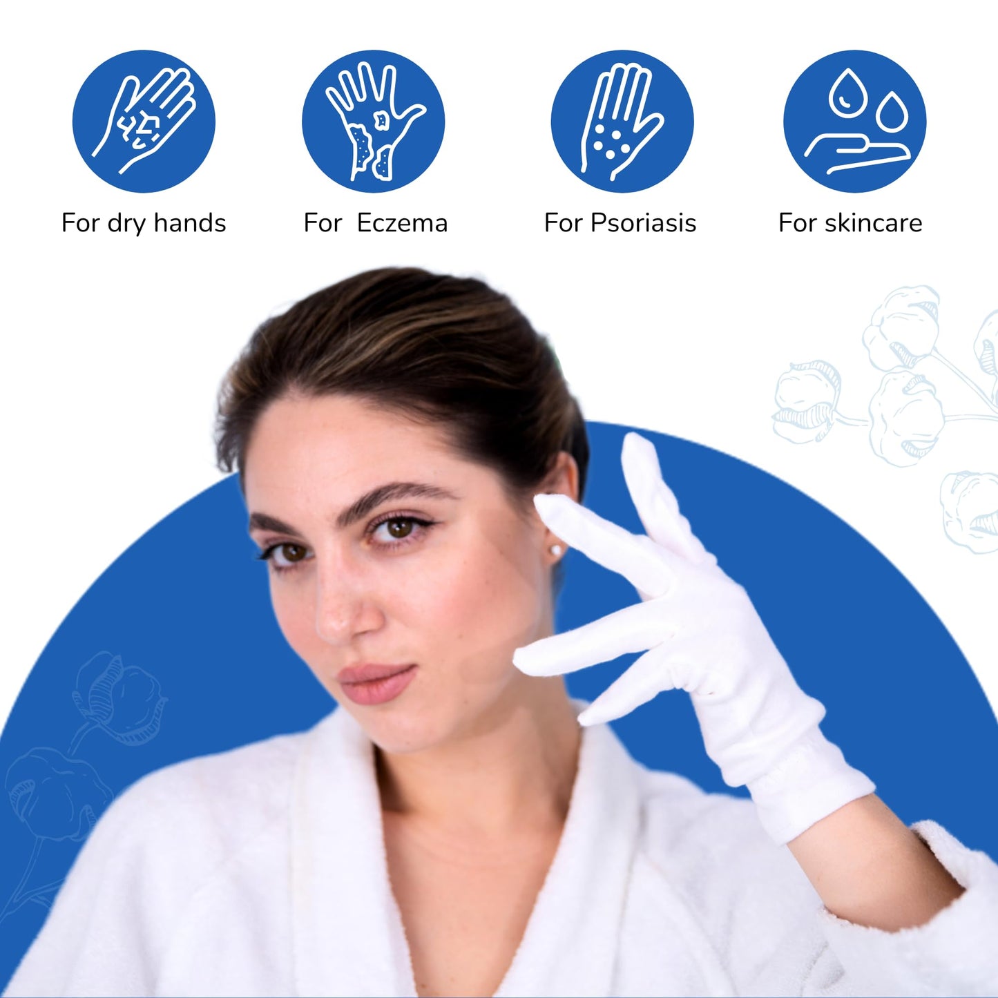 Dermrelief Cotton Gloves - for Beauty, Dry Hands, Eczema, Dermatitis and Psoriasis (7 Pairs) with Free Gifts (Professional Nail Buffer & Washing Bag) (Medium)