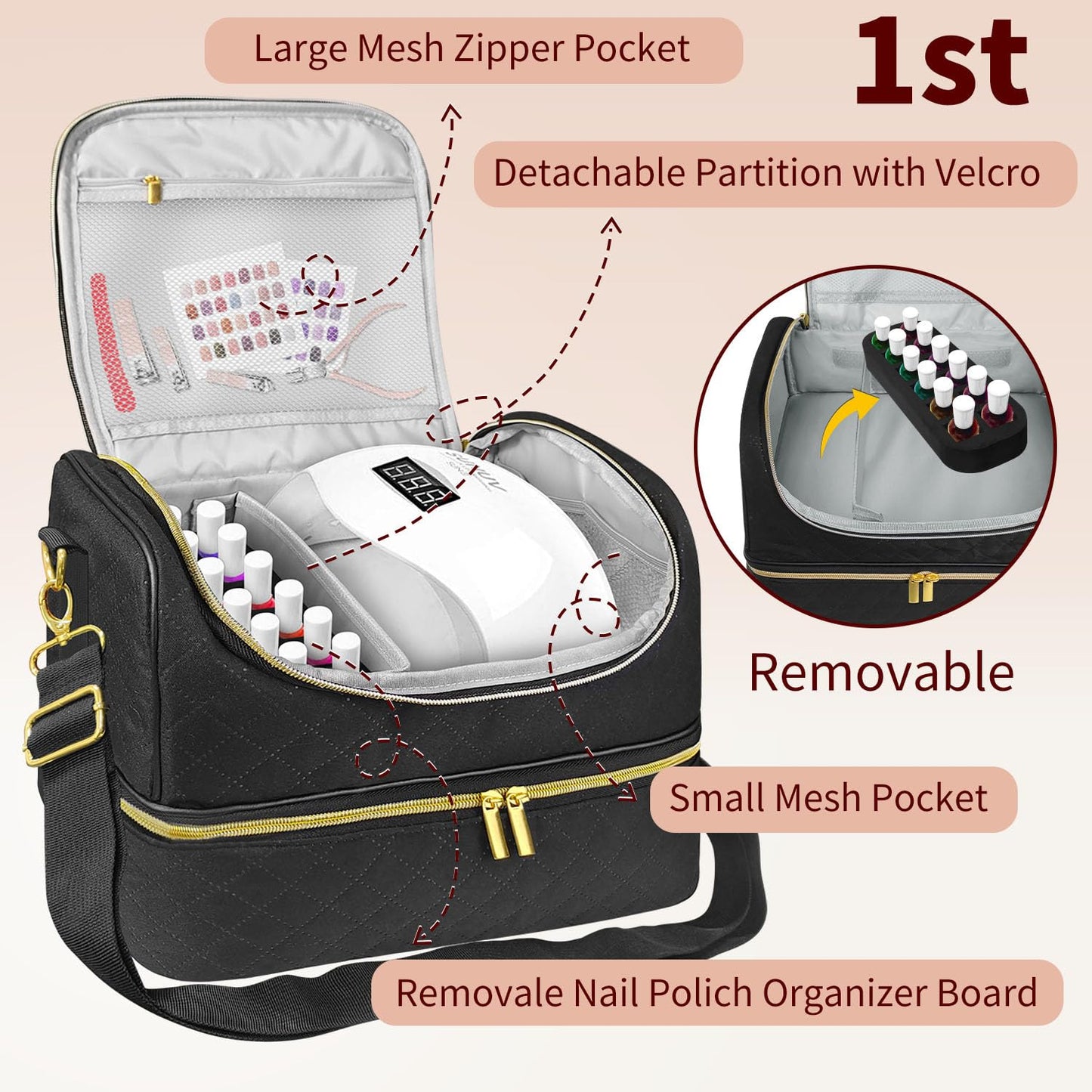 Nail Polish Carrying Case, Double-Layer Nail Polish Storage Bag- Fits Nail Dryer Lamp and 60 Bottles(15ml/0.5 fl.oz), Nail Polish Organizer bag with Dividers for Manicure Set