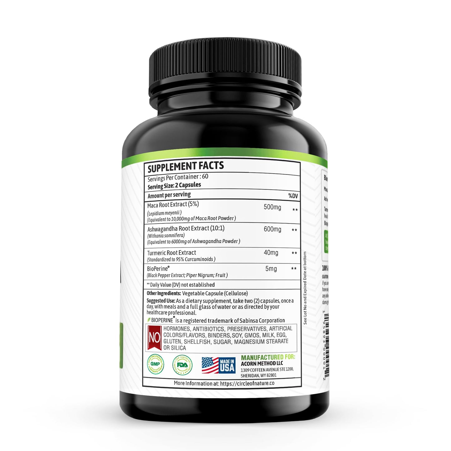 Maca Root 10,000 mg, Ashwagandha 6000mg Extract, Capsules for Men & Women with Turmeric Curcumin and Bioperine 120 Capsules Made in USA