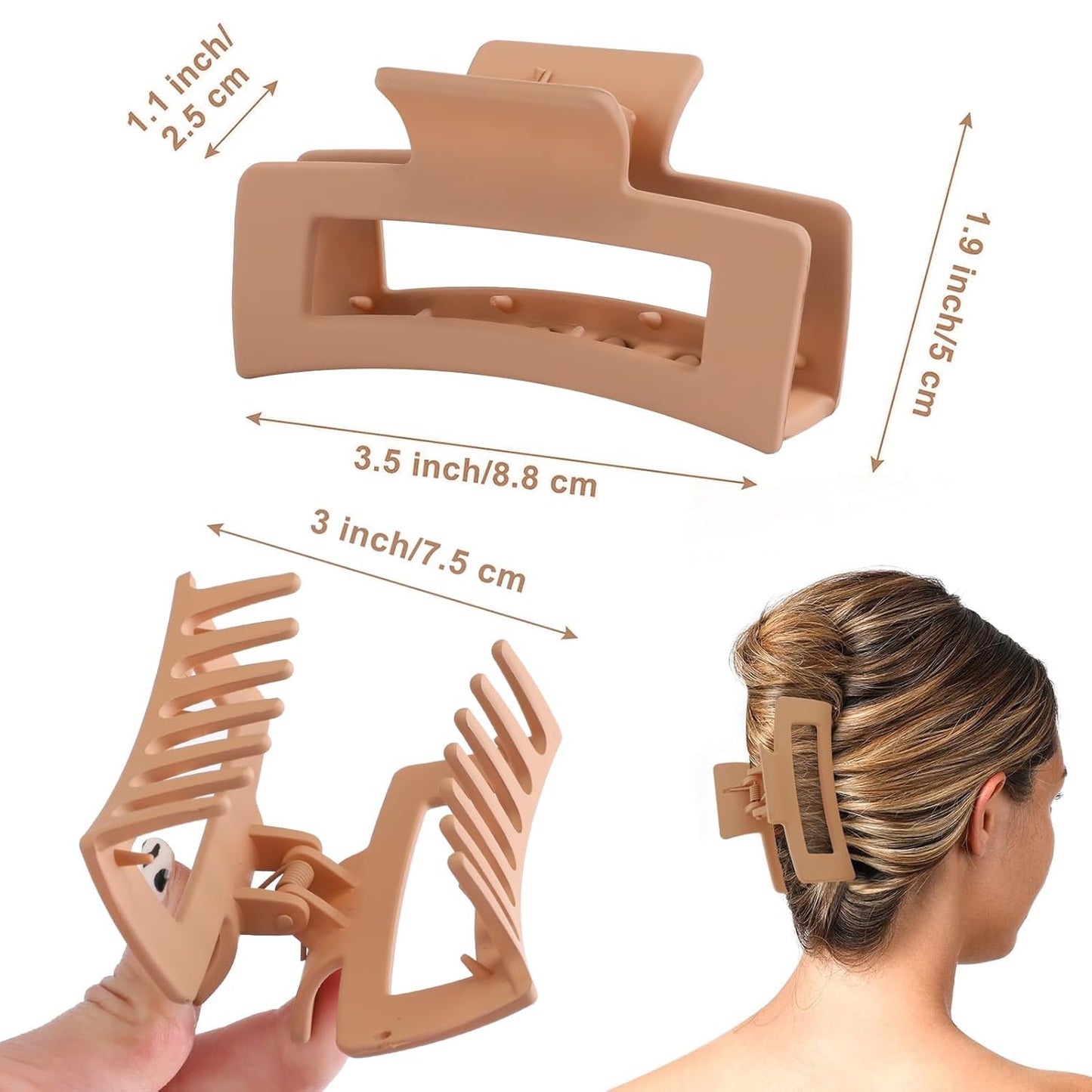 6 Pack Square Claw for Women Girls, 3.5" Medium Non-slip Rectangular Matte Clips Strong Hold Jumbo Hair Styling Accessories, Cool